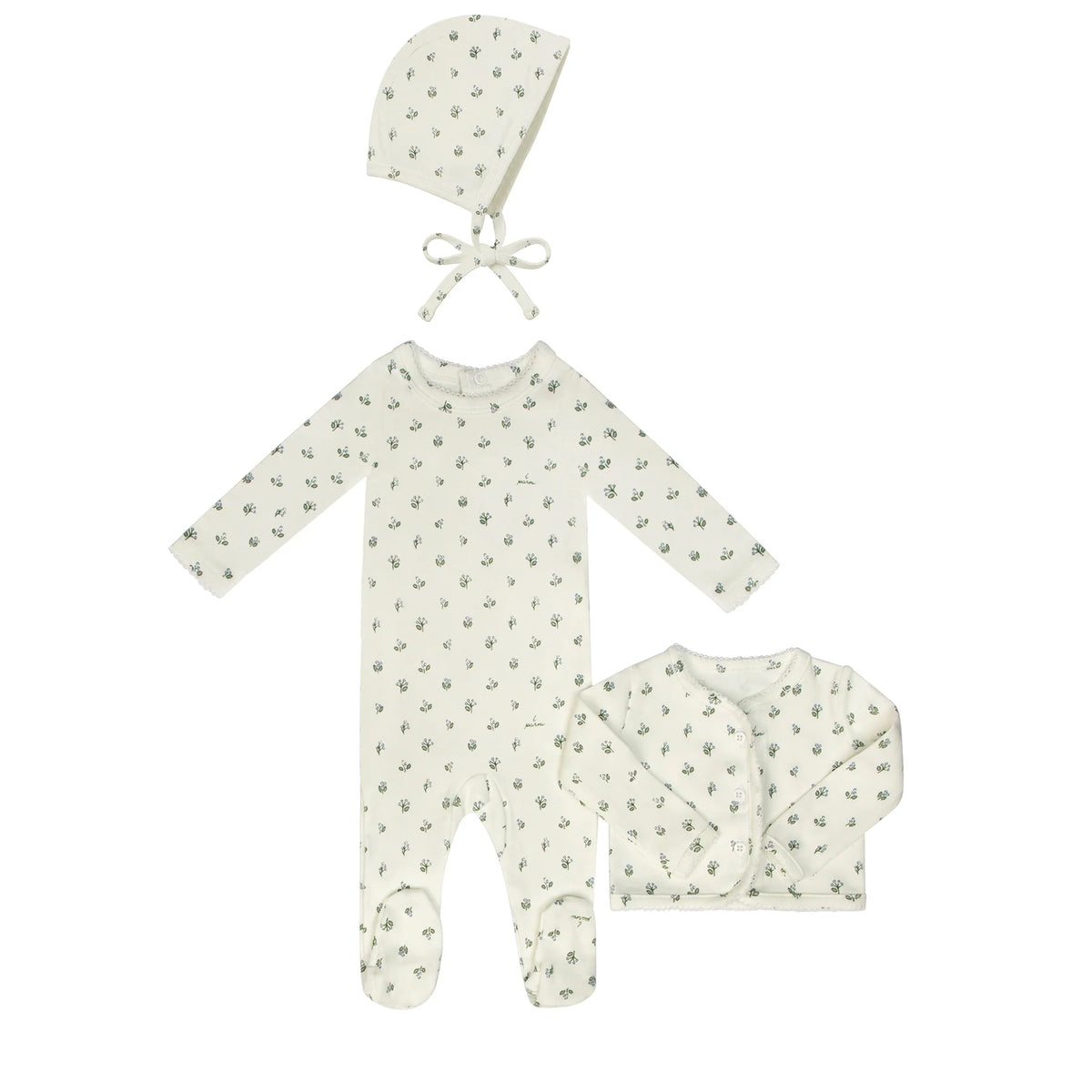 Little Parni Floral Cardigan, Footie & Bonnet - Light Blue