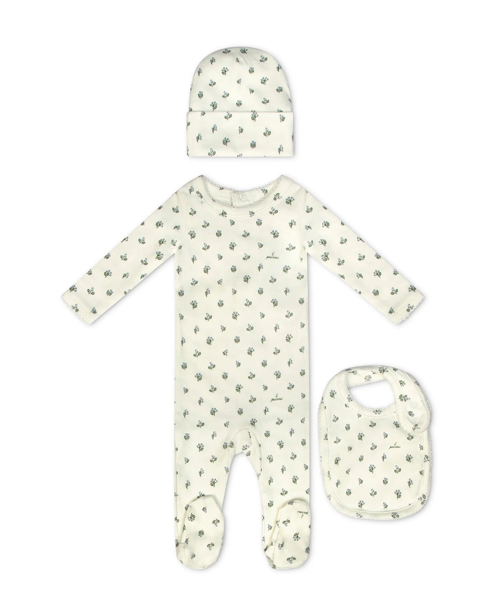 Little Parni Floral Footie, Beanie & Bib - Light Blue