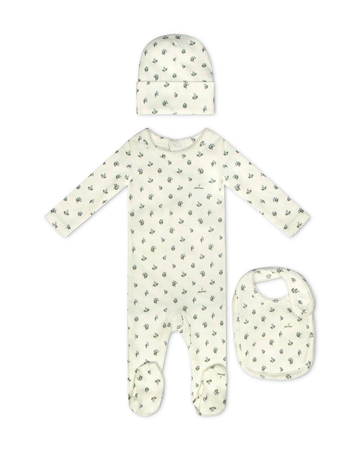 Little Parni Floral Footie, Beanie & Bib - Light Blue