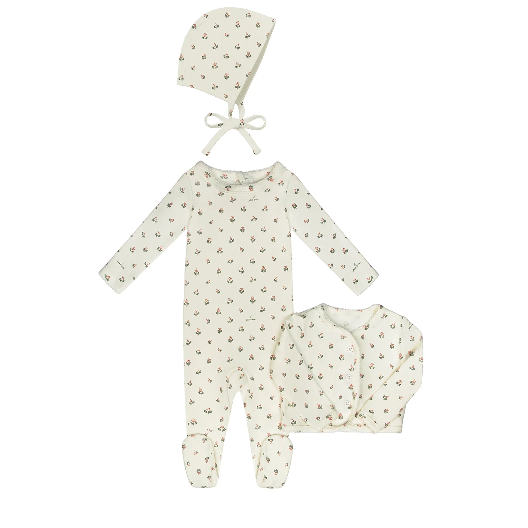Little Parni Floral Cardigan, Footie & Bonnet - Pink