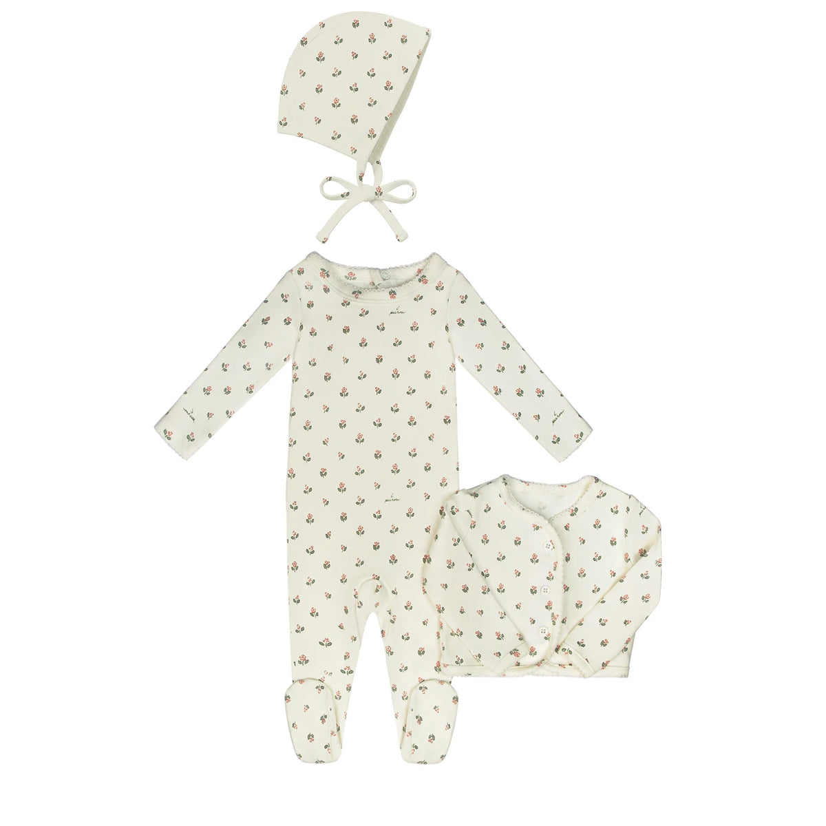 Little Parni Floral Cardigan, Footie & Bonnet - Pink