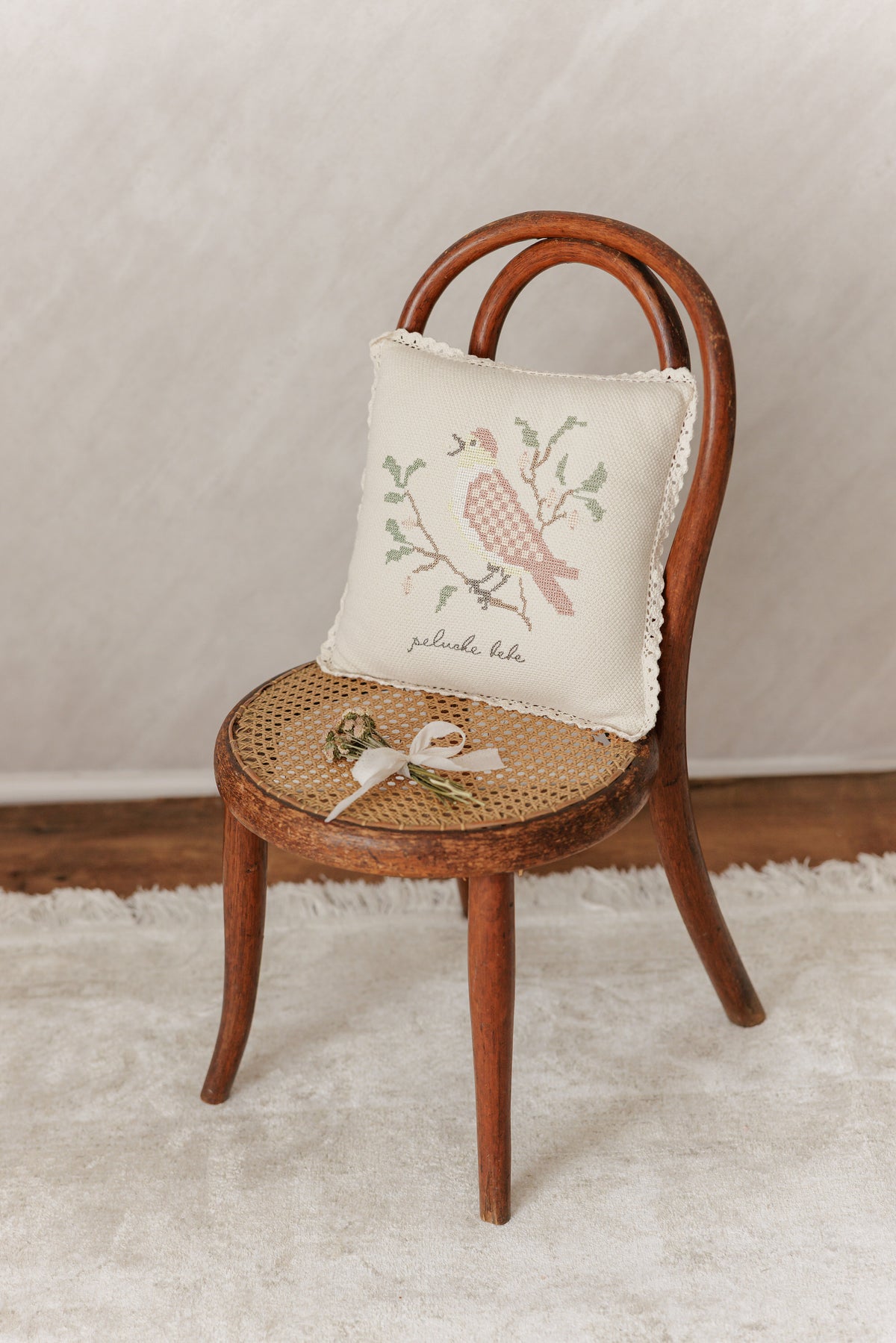 Peluche Knit Cross Stitch Pillow - Stone/Rose