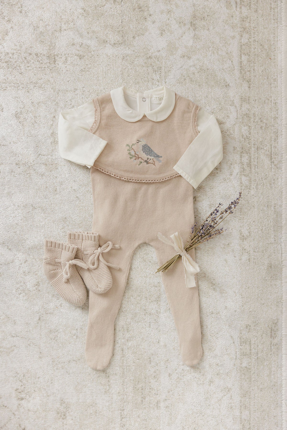 Peluche Knit Cross Stitch Overlay Bib - Taupe