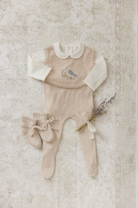 Peluche Knit Cross Stitch Overlay Bib - Taupe