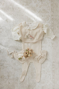 Peluche Knit Cross Stitch Overlay Bib - Stone/Rose