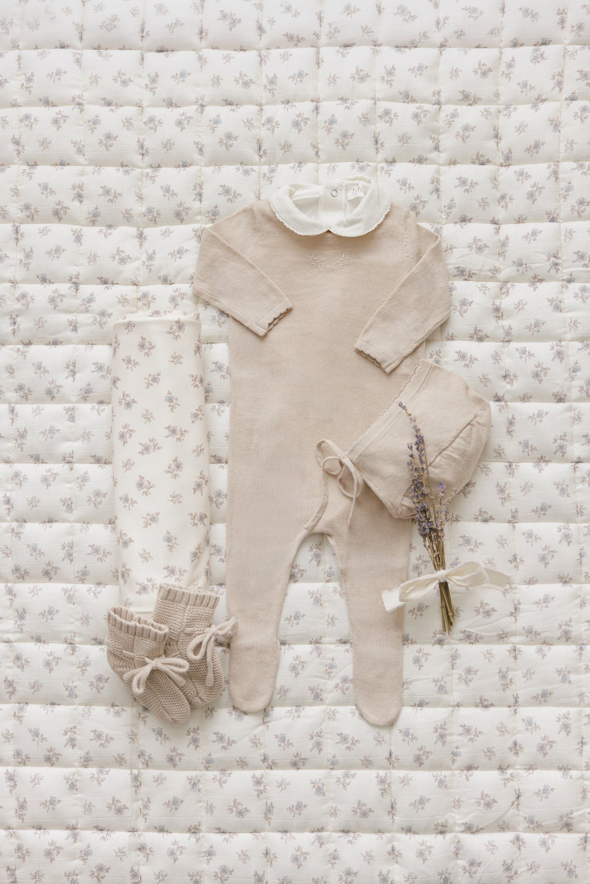 Peluche Signature Knit Footie & Bonnet - Stone
