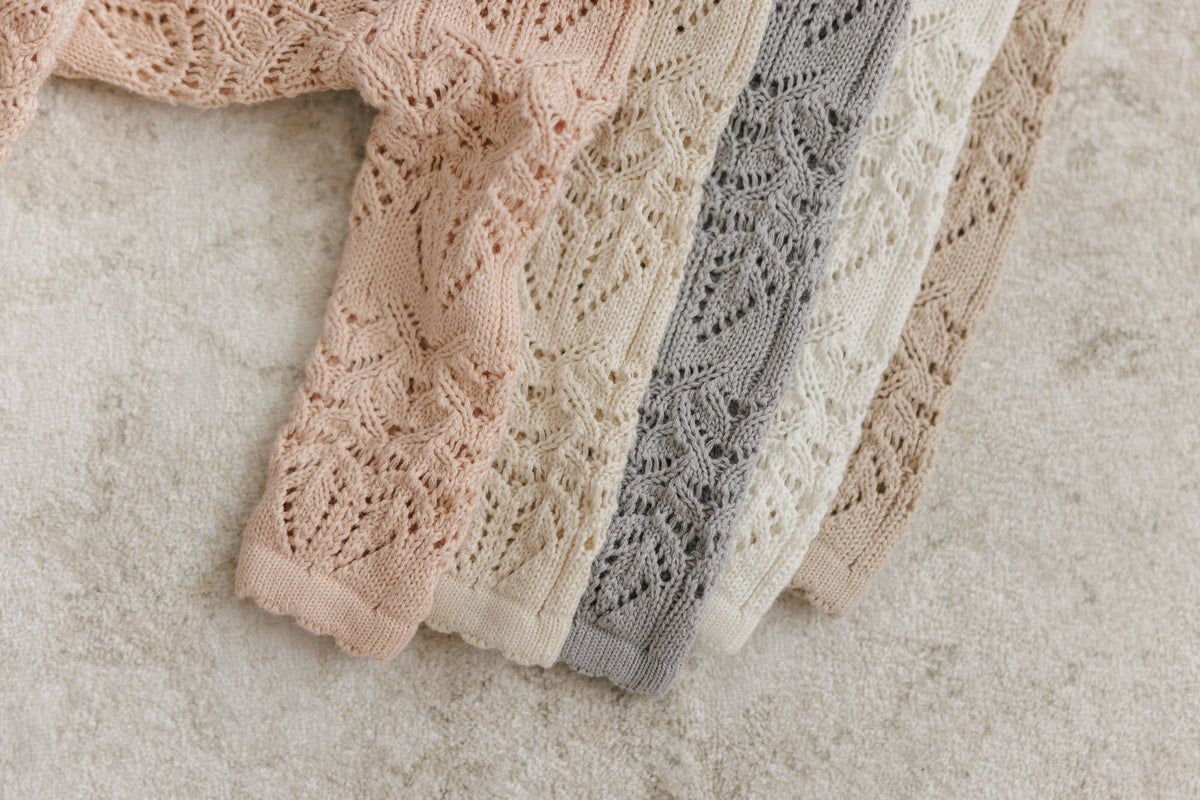 Peluche Eyelet Knit Cropped Cardigan & Bonnet - Cream