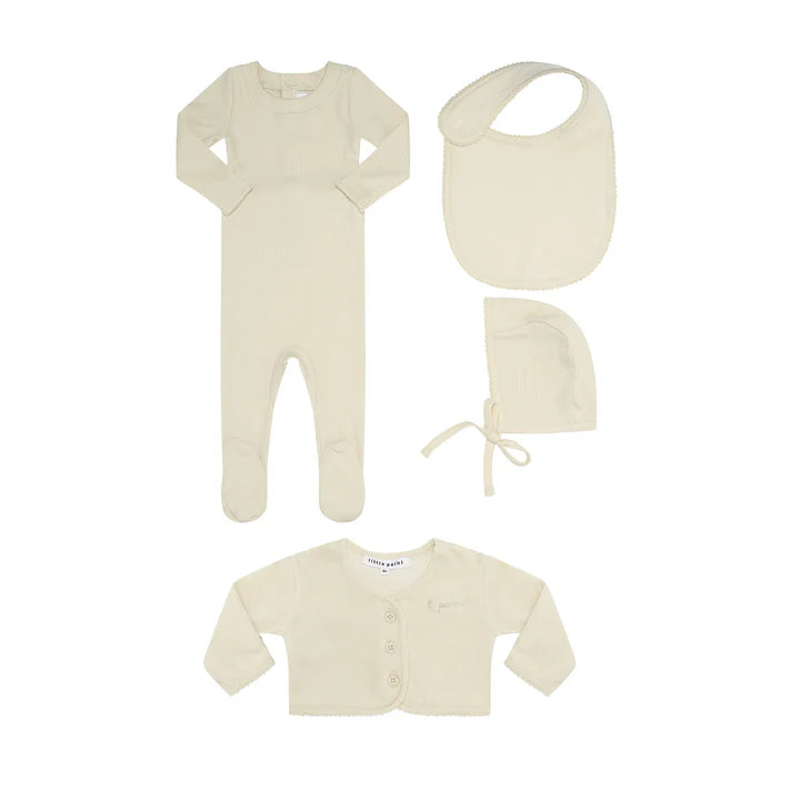 Little Parni Ribbed Footie, Velour Cardigan, Bib & Hat Set