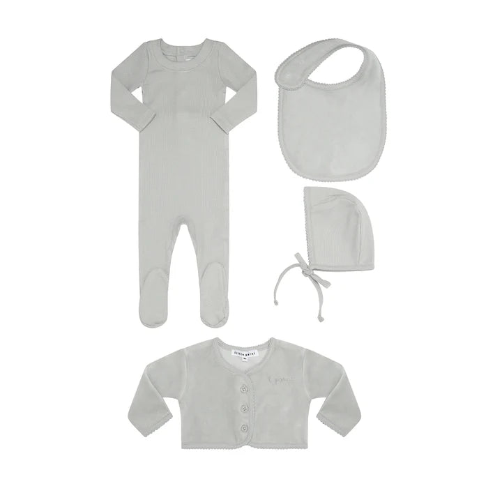 Little Parni Ribbed Footie, Velour Cardigan, Bib & Hat Set