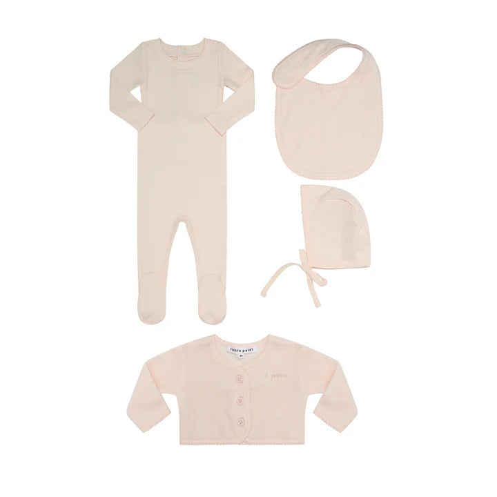 Little Parni Ribbed Footie, Velour Cardigan, Bib & Hat Set