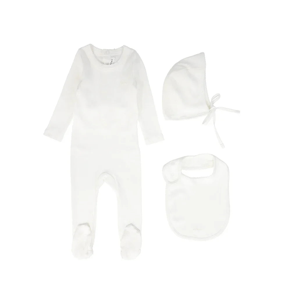 Little Parni Ribbed Pico Footie,Bonnet & Bib-Ivory