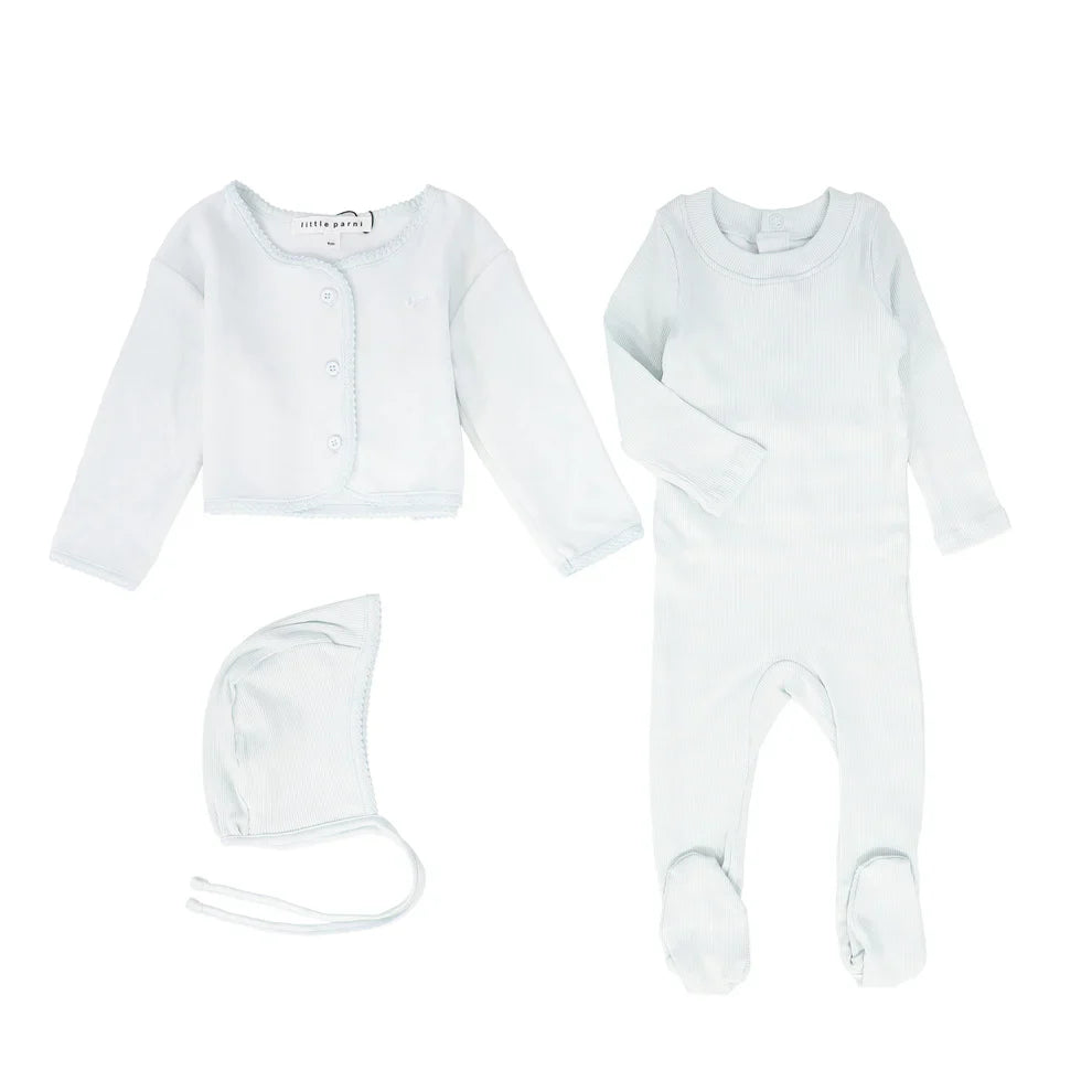 Little Parni Footie, Bonnet & Cardigan Layette Set - Light Blue