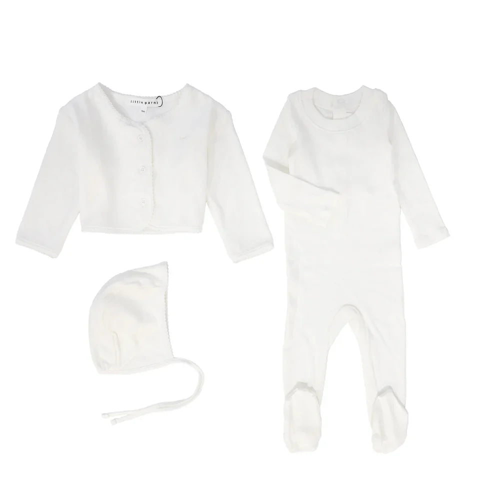 Little Parni Footie, Bonnet & Cardigan -Ivory