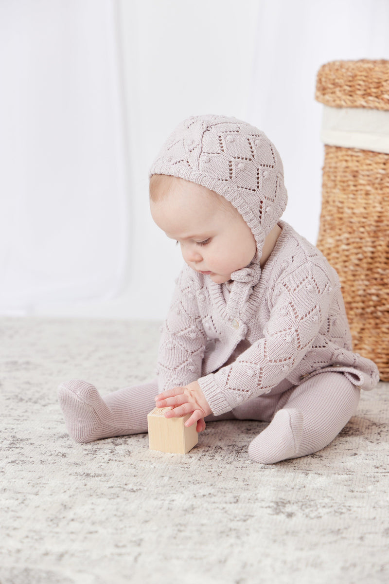 Kipp Rib Knit Overalls, Chunky Pointelle Cardigan & Bonnet Set