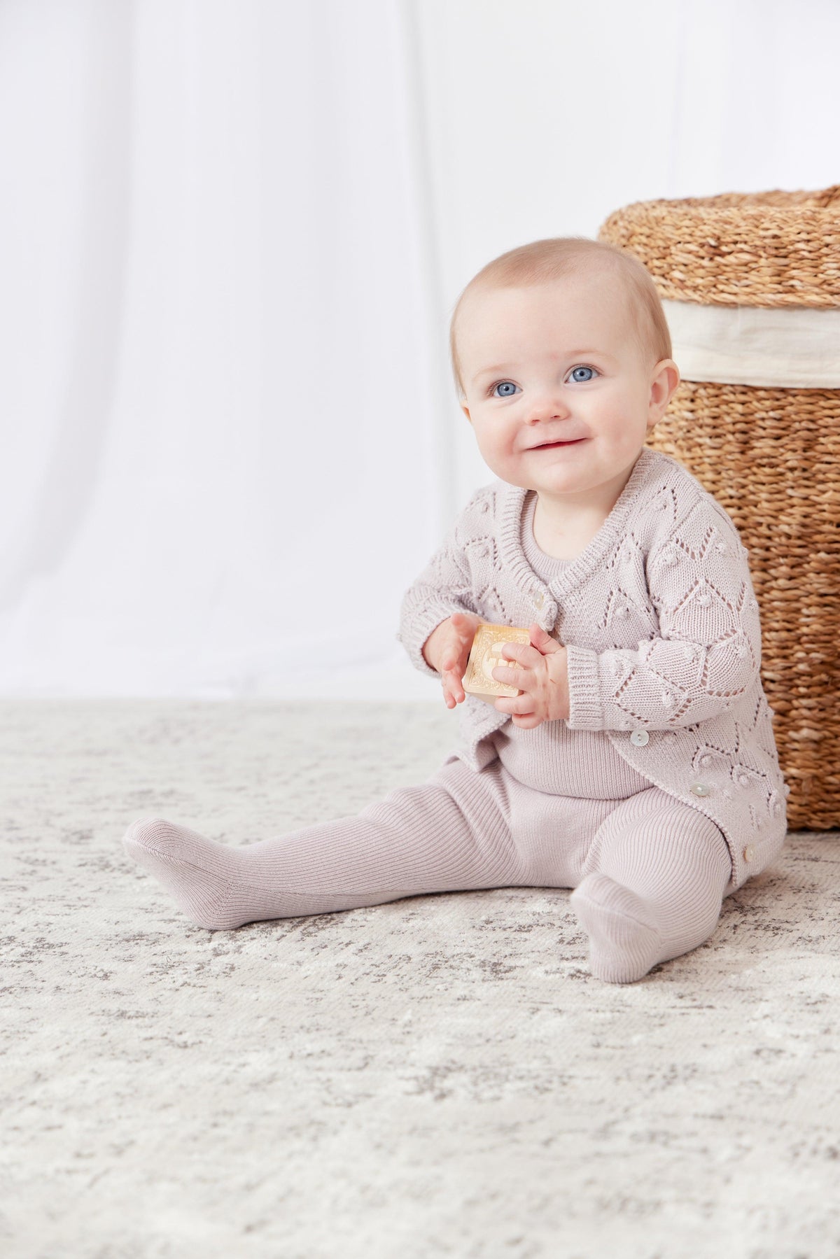 Kipp Rib Knit Overalls, Chunky Pointelle Cardigan & Bonnet W Blanket - Blue Kipp Rib Knit Overalls, Chunky Pointelle Cardigan & Bonnet W Blanket - Blue