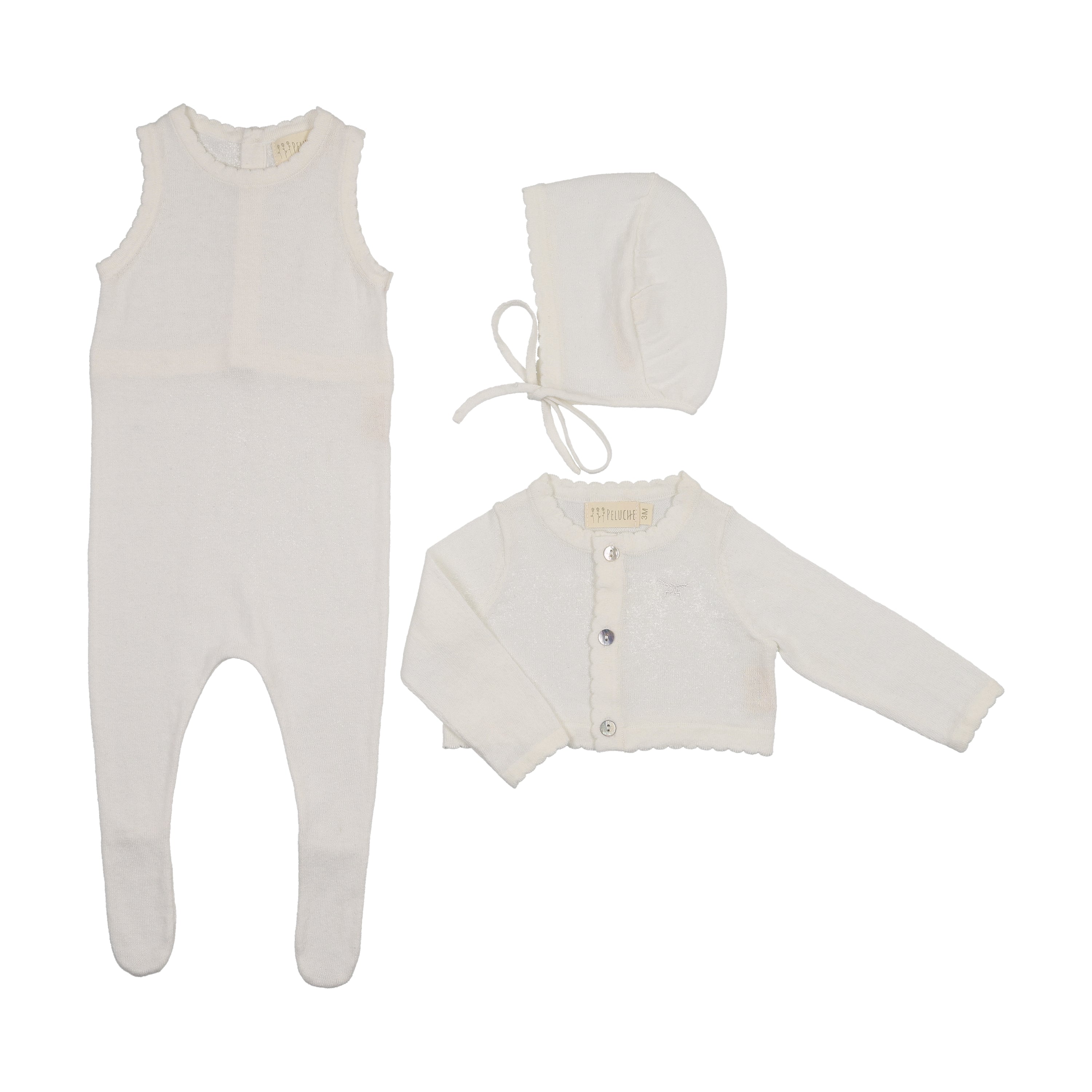 Peluche Knit Footie, Cardigan & Bonnet - Cream