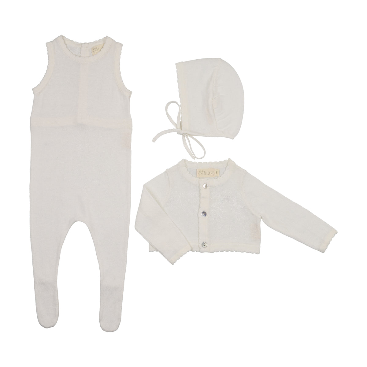 Peluche Knit Footie, Cardigan & Bonnet - Cream