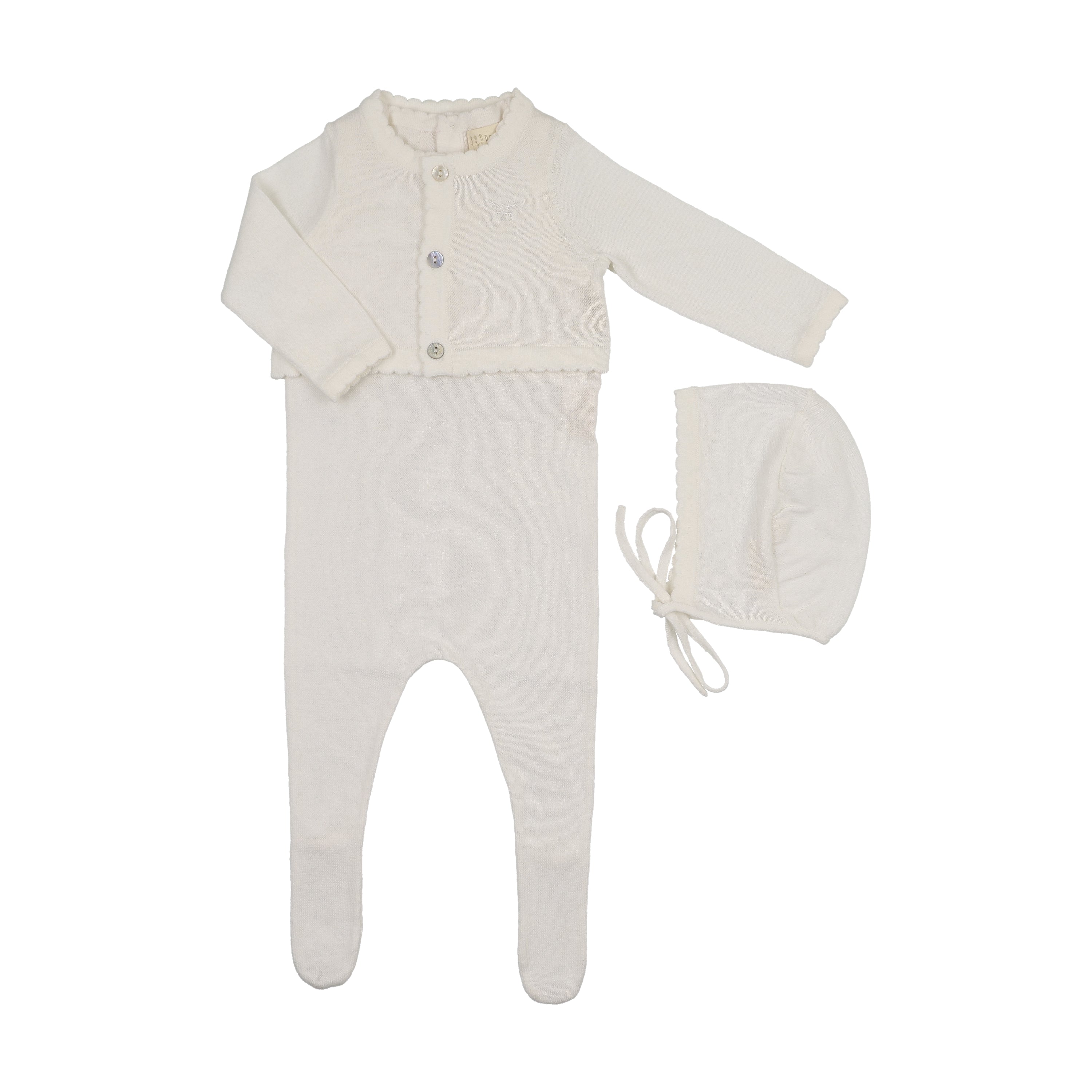 Peluche Knit Footie, Cardigan & Bonnet - Cream