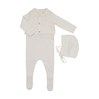 Peluche Knit Footie, Cardigan & Bonnet - Cream