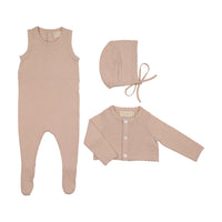 Peluche Knit Footie, Cardigan & Bonnet - Rose