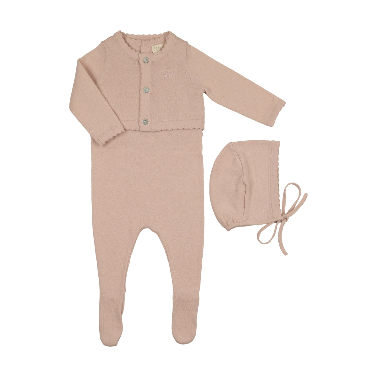 Peluche Knit Footie, Cardigan & Bonnet - Rose