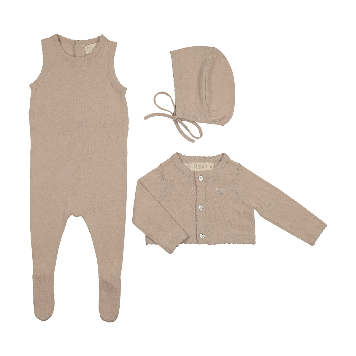 Peluche Knit Footie, Cardigan & Bonnet - Stone