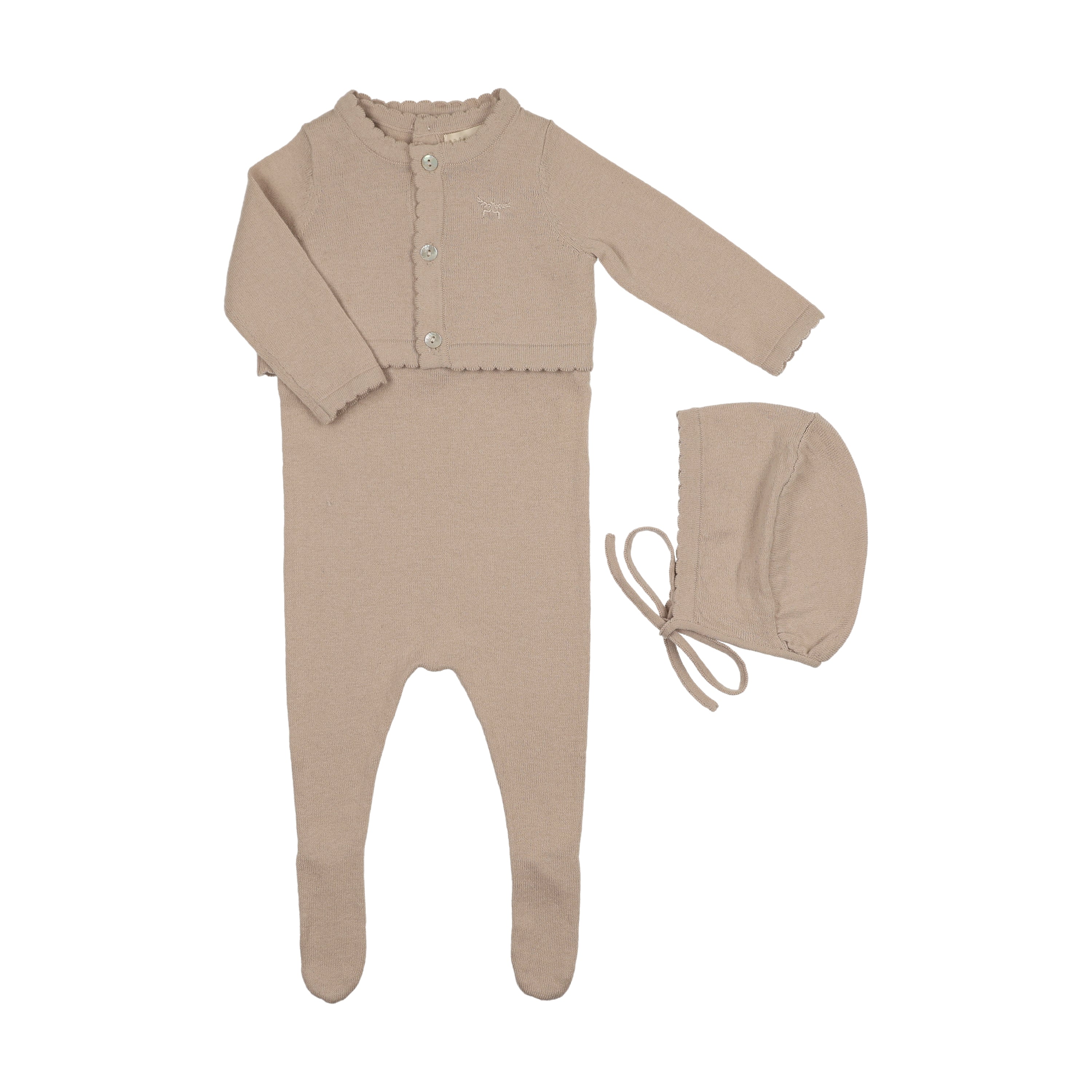 Peluche Knit Footie, Cardigan & Bonnet - Stone