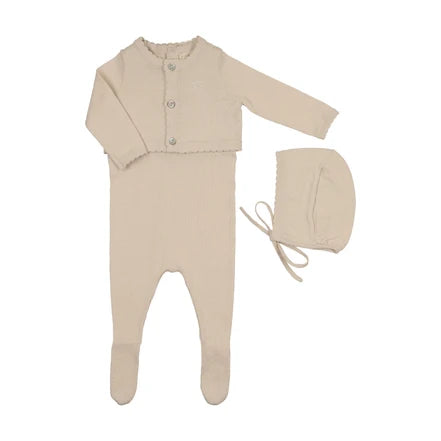 Peluche Knit Footie, Cardigan & Bonnet - Stone