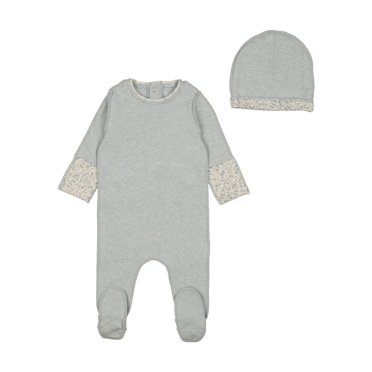 Bee & Dee Lemon Print Cuffs Footie & Beanie - Heathered Blue
