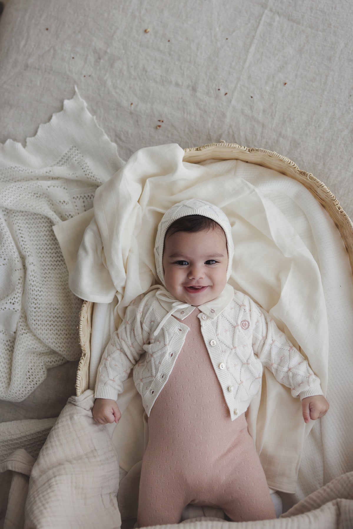 Lilette Sweetheart Knit Cardigan & Bonnet - Cream/Dusty Pink