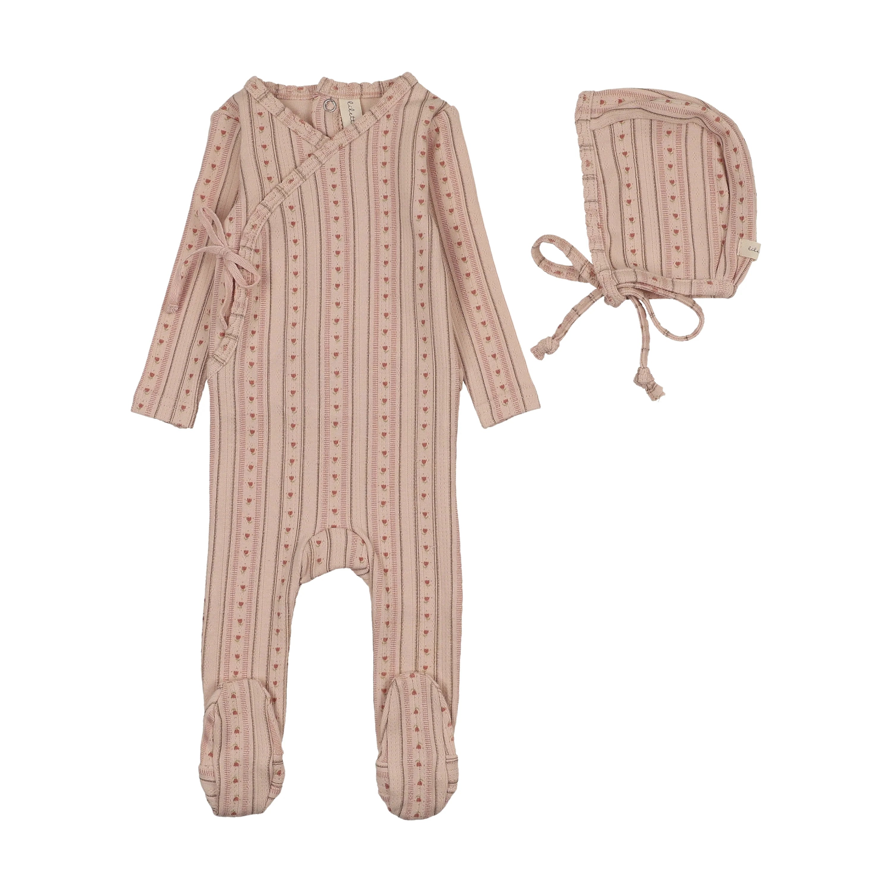 Lilette Linear Print Footie & Hat - Pale Pink