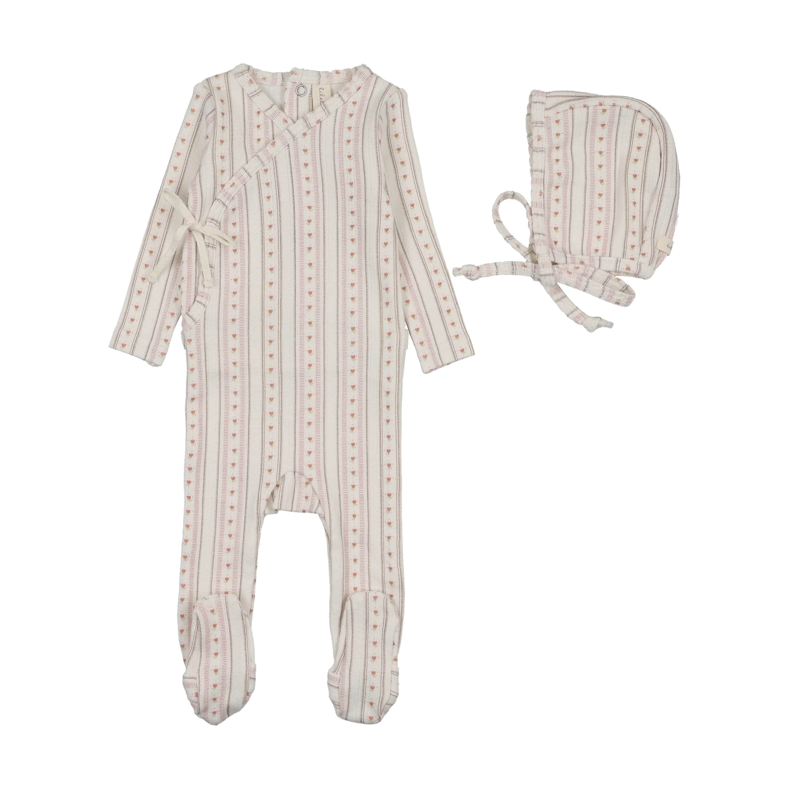 Lilette Linear Print Footie & Hat - Cream/Pink