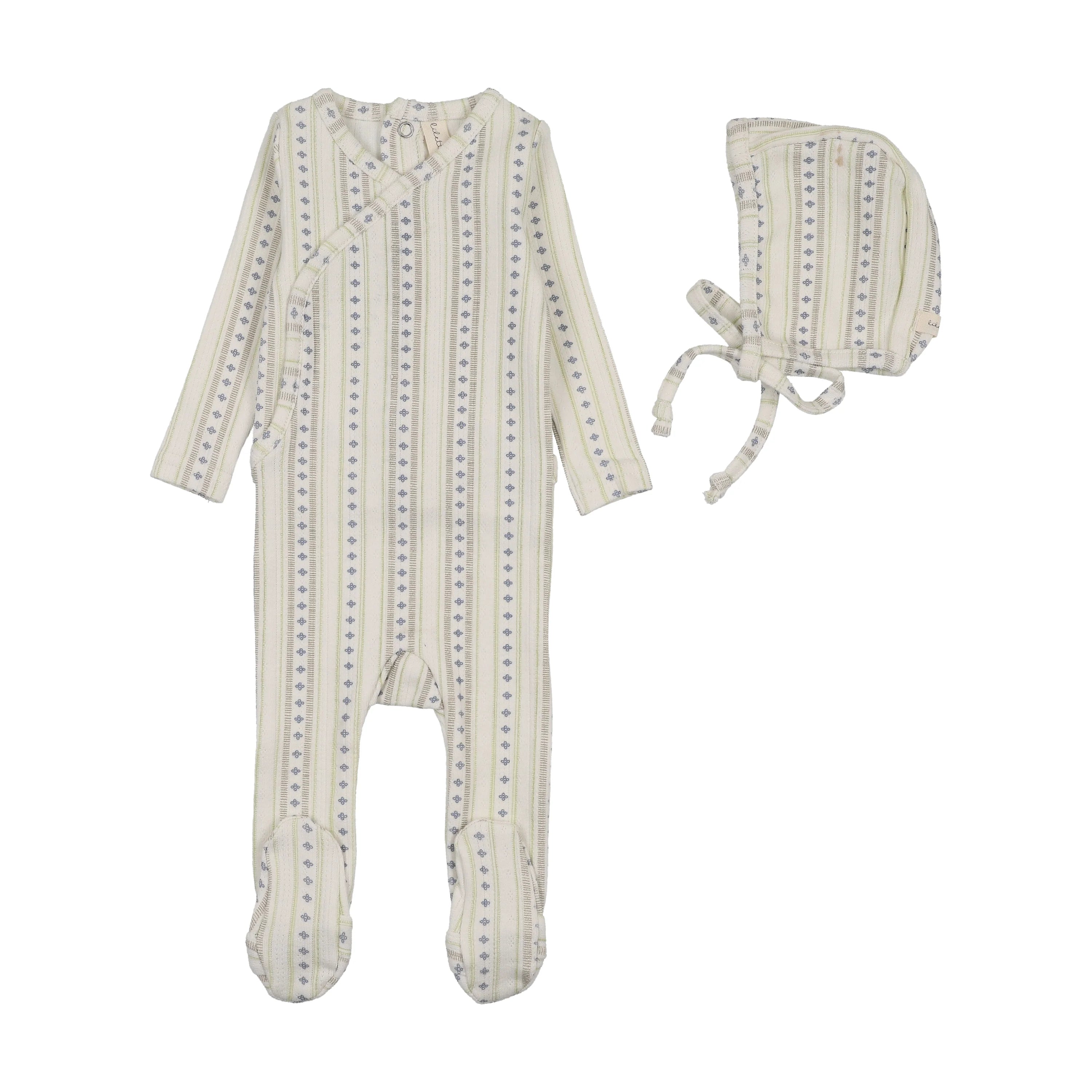 Lilette Linear Print Footie & Hat - Cream/Blue