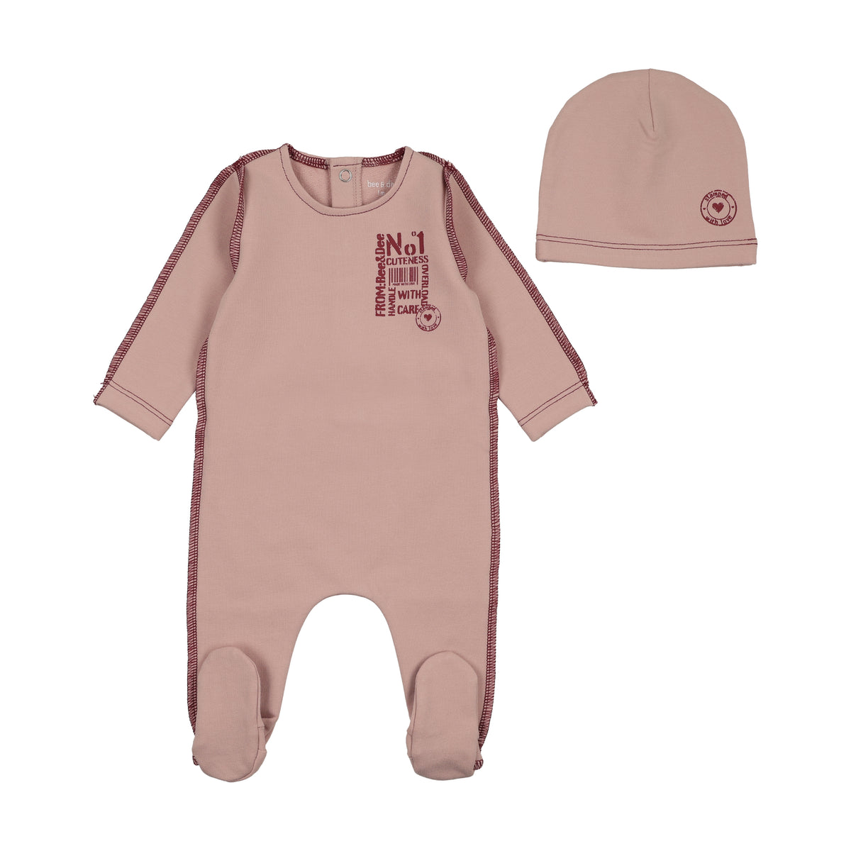 Bee & Dee Little Imprint Footie & Beanie - Tea Rose
