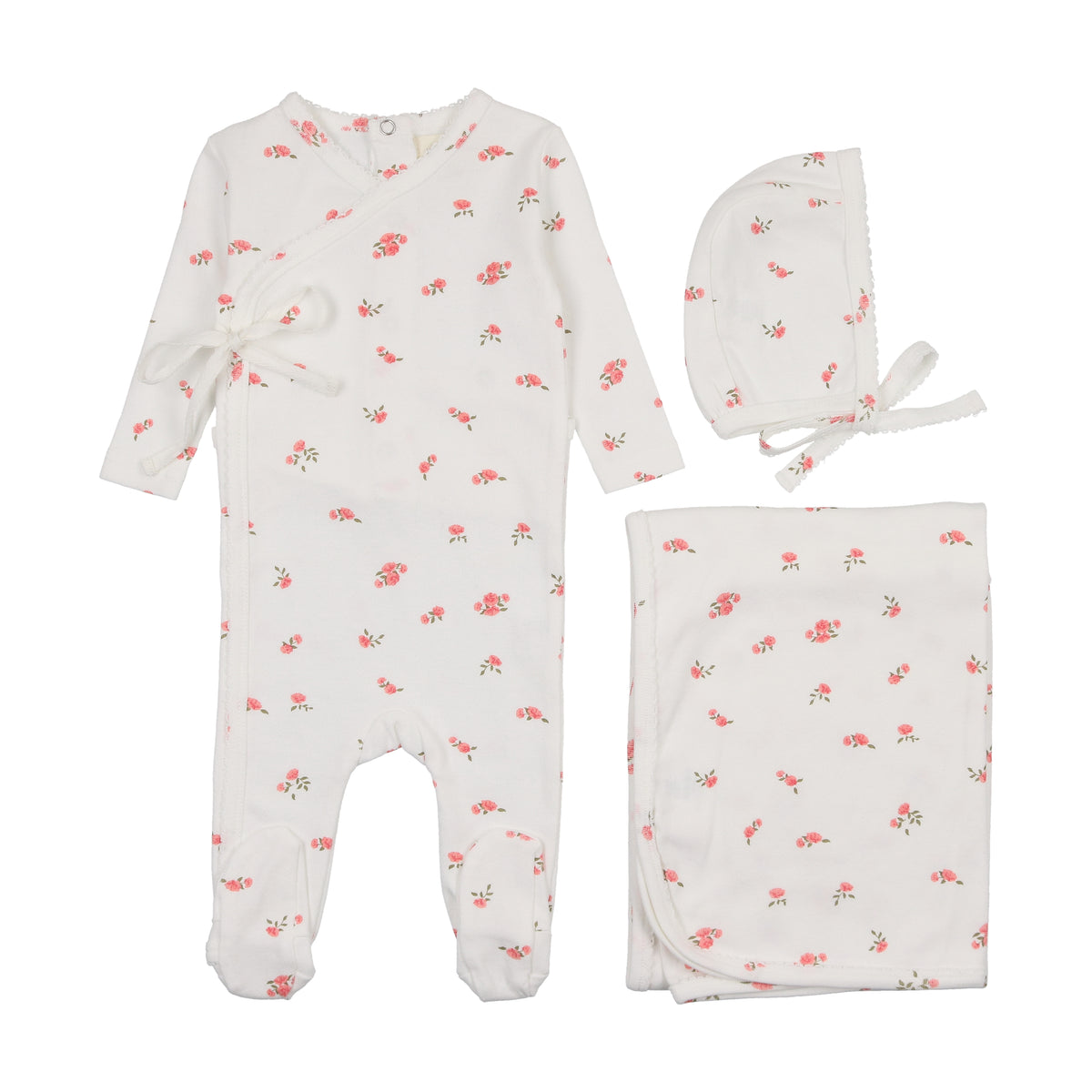 Mema Knits Pointelle Floral Side Snap Layette Set