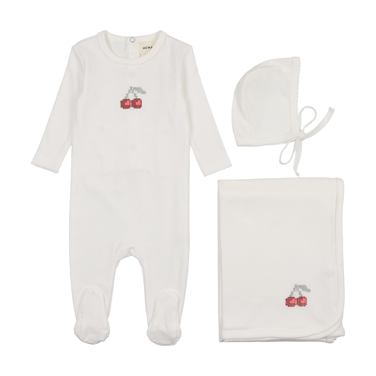 Mema Knits Embroidered Cherry Layette Set