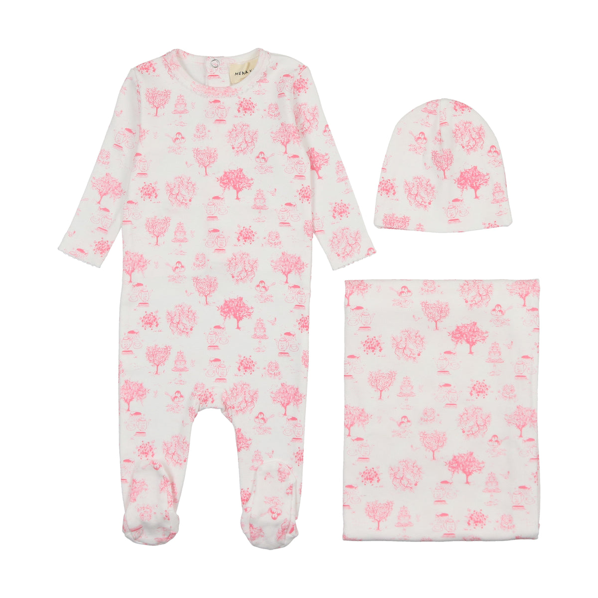 Mema Knits Toile Print Layette Set