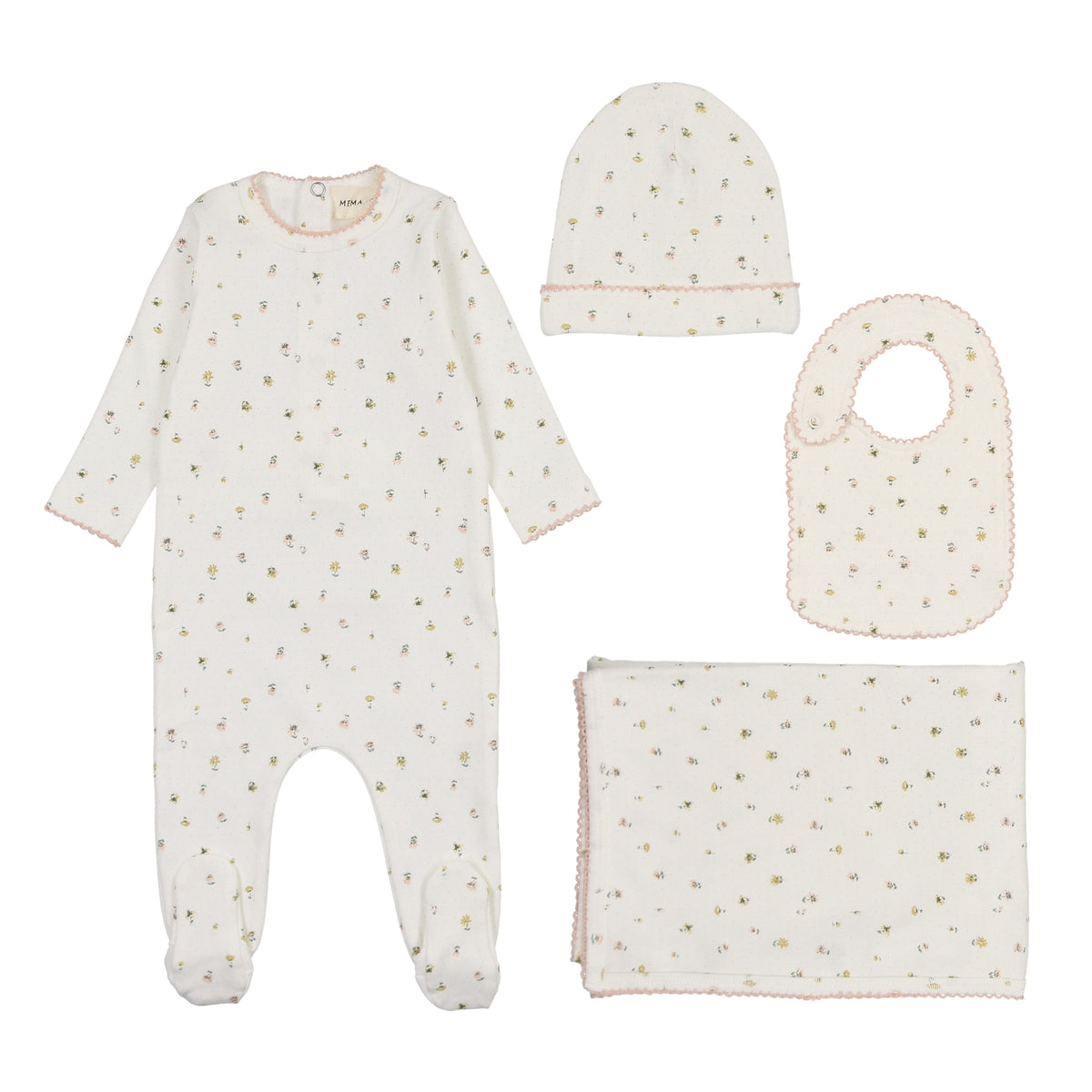 Mema Knits Polka Dot Floral Print Footie, Beanie & Bib Layette Set