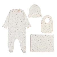 Mema Knits Polka Dot Floral Print Footie, Beanie & Bib Layette Set