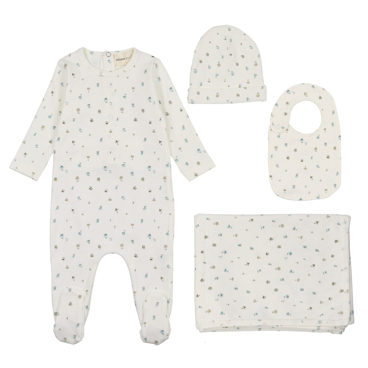 Mema Knits Polka Dot Floral Print Footie, Beanie & Bib Layette Set