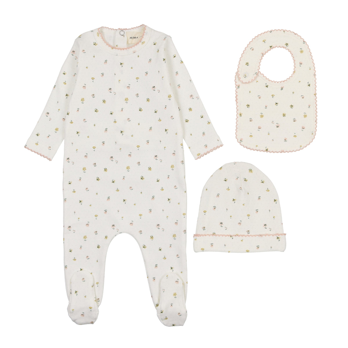 Mema Knits Polka Dot Floral Print Footie, Beanie & Bib