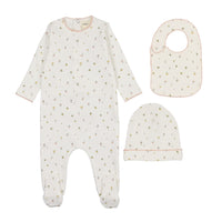 Mema Knits Polka Dot Floral Print Footie, Beanie & Bib