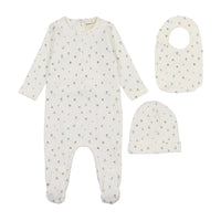 Mema Knits Polka Dot Floral Print Footie, Beanie & Bib