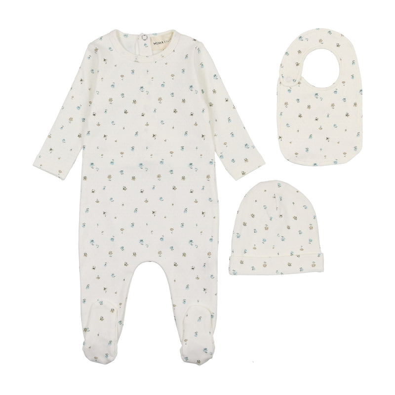 Mema Knits Polka Dot Floral Print Footie, Beanie & Bib