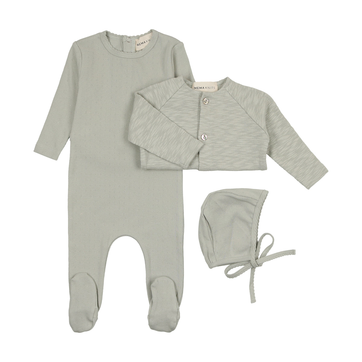 Mema Knits Pointelle Footie, Cardigan & Bonnet Set