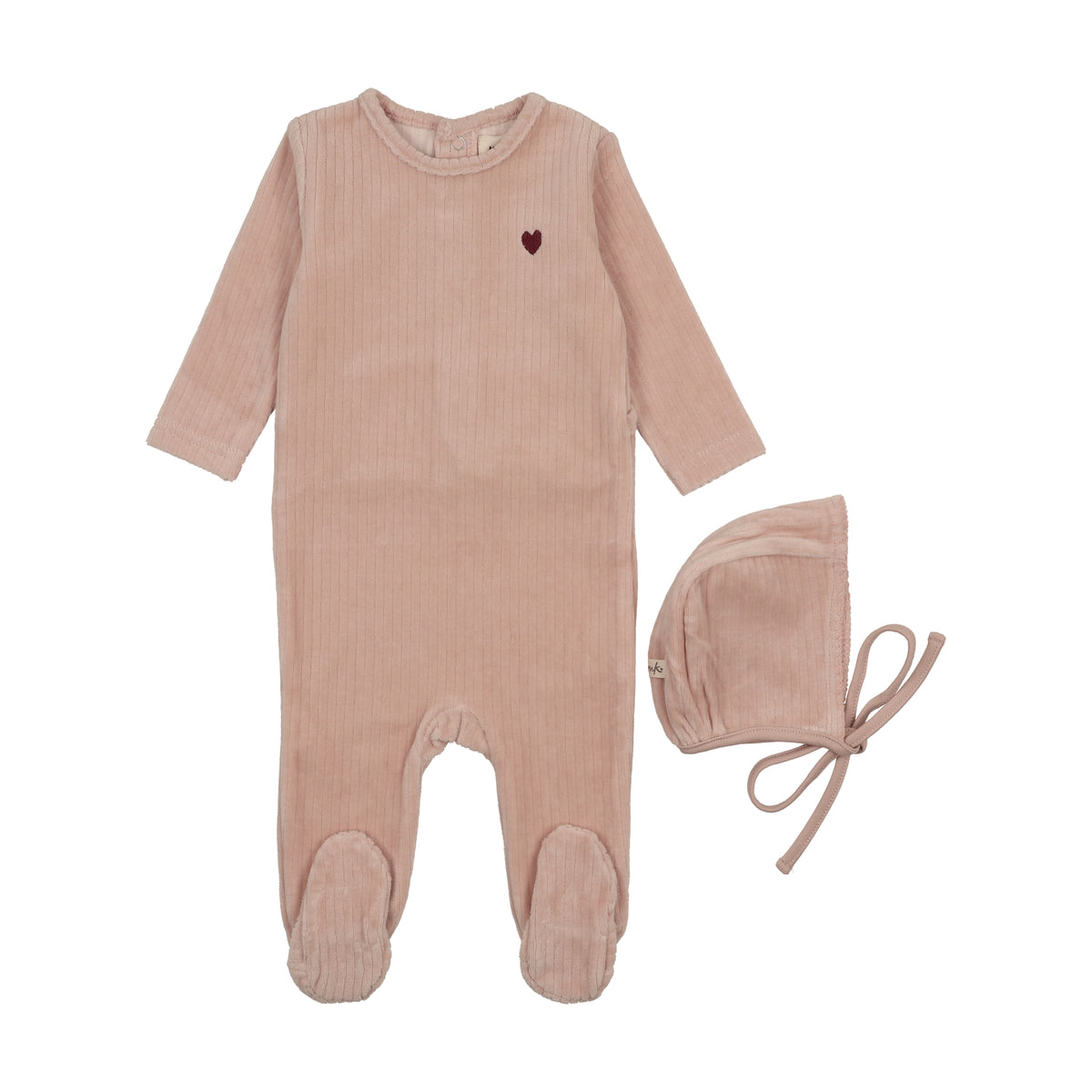 Mema knits Ribbed Velour Embroidered Footie & Bonnet - Pale Pink/Rose Brown Heart