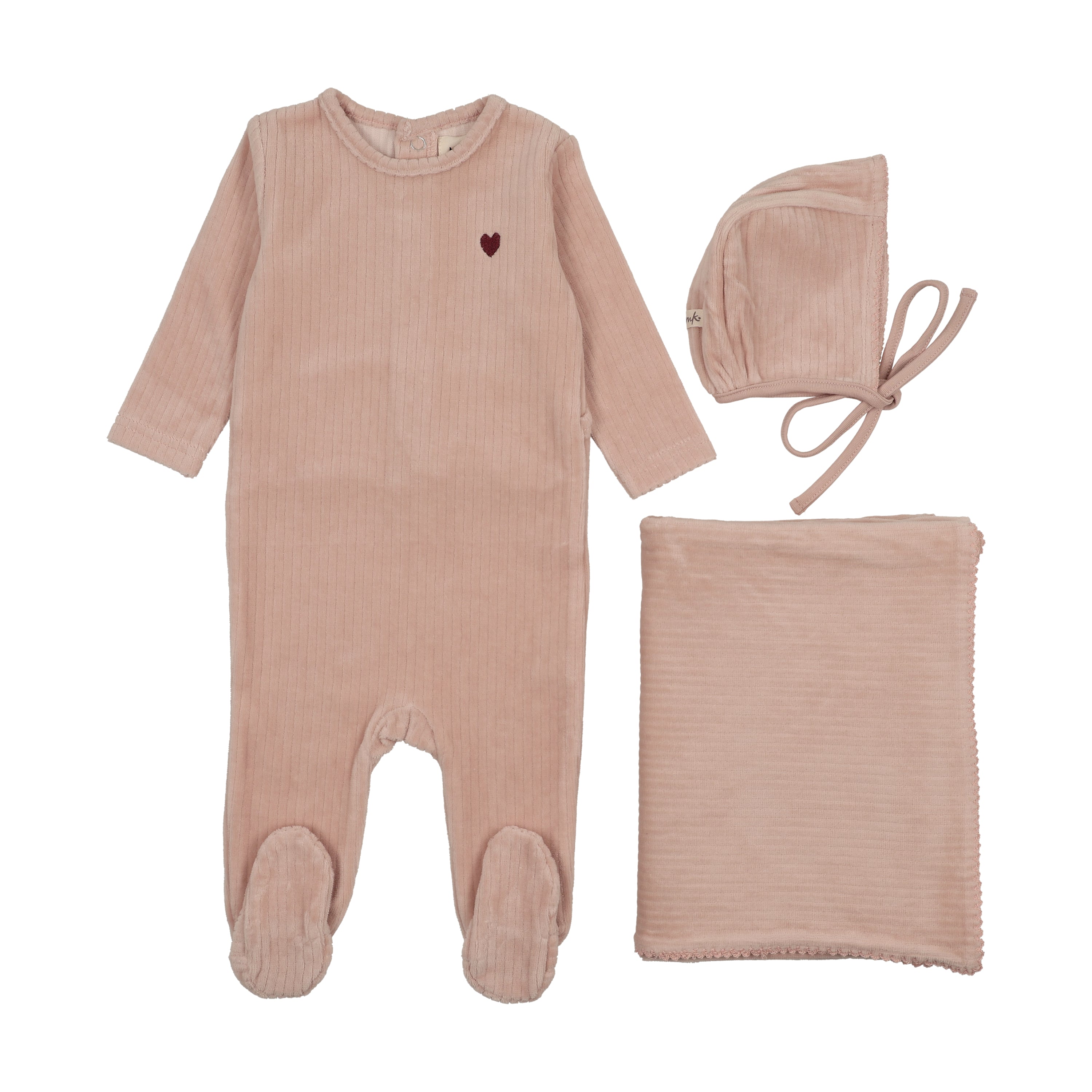 Mema knits Ribbed Velour Embroidered Layette Set - Pale Pink/Rose Brown Heart