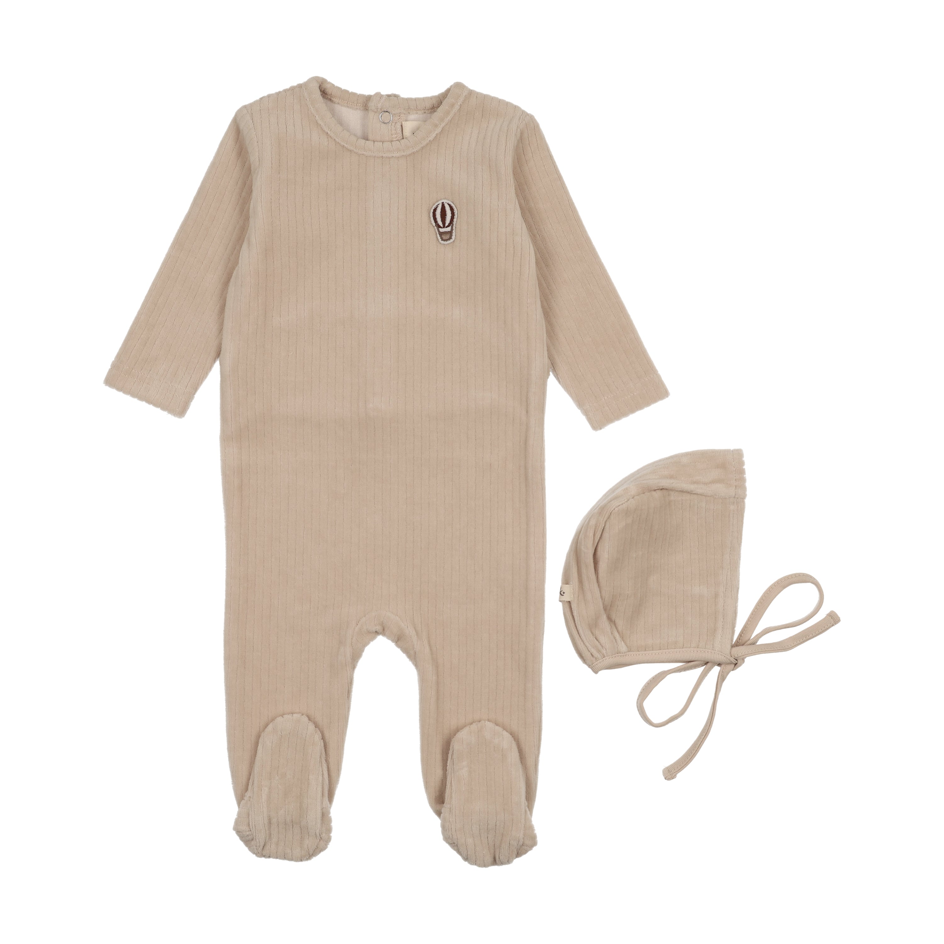 Mema knits Ribbed Velour Embroidered Footie & Bonnet - Oatmeal/Mink Balloon