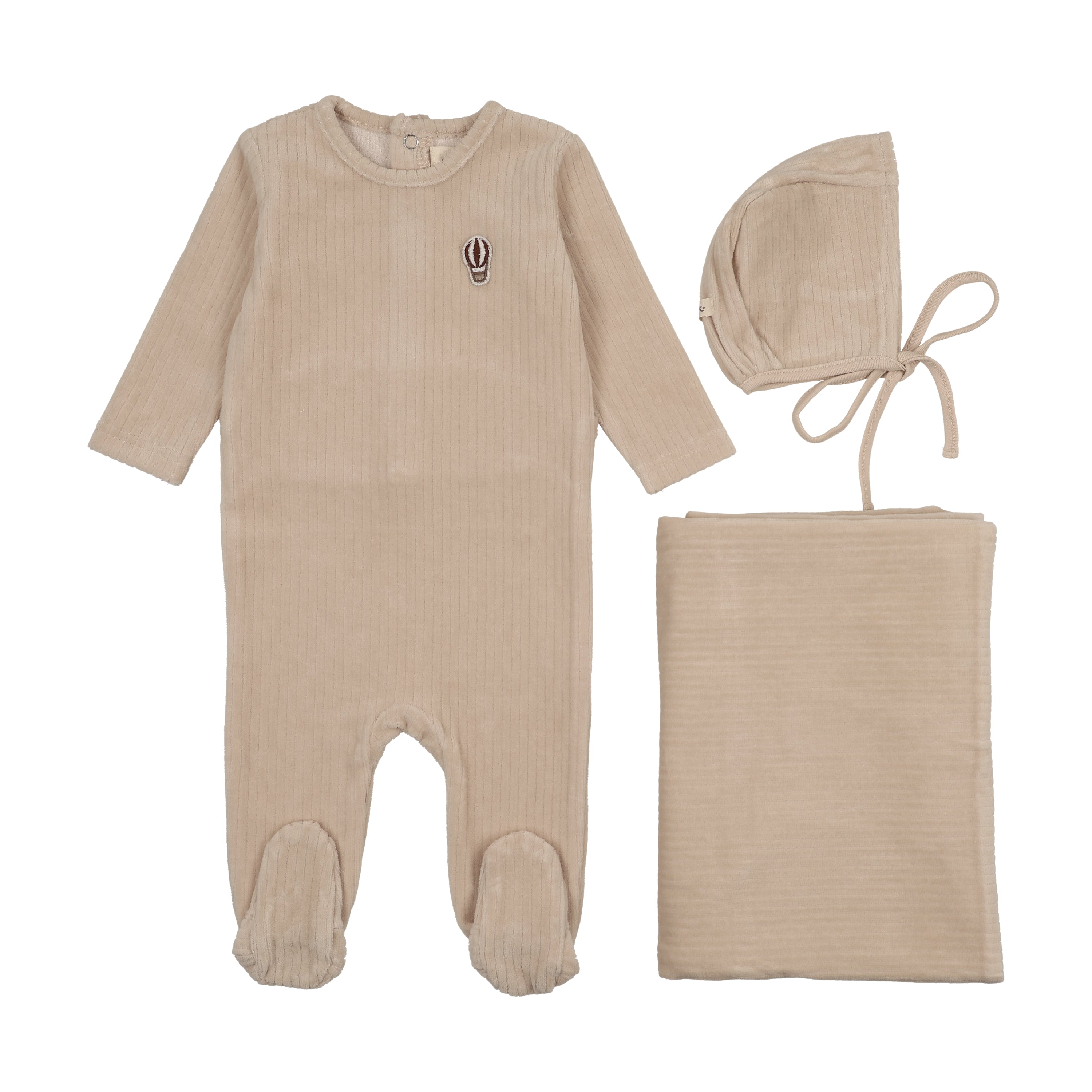 Mema knits Ribbed Velour Embroidered Layette Set - Oatmeal/Mink Balloon