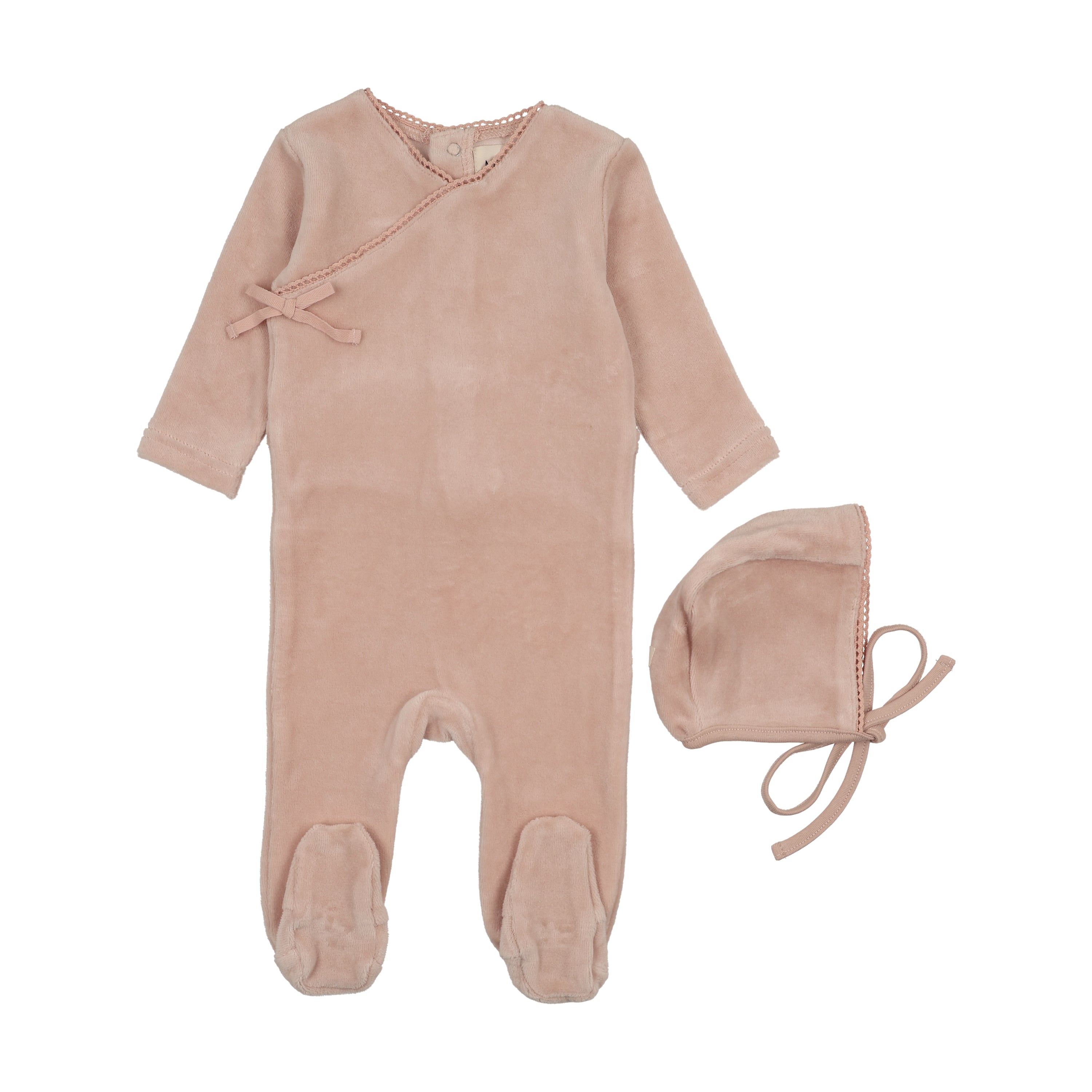 Mema Knits Velour Mock Wrap Footie & Bonnet - Pale Pink